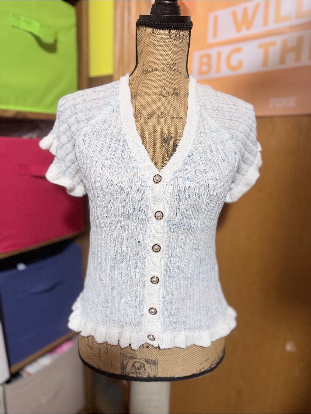 Light Blue Flecked Short-Sleeve Button Cardigan
